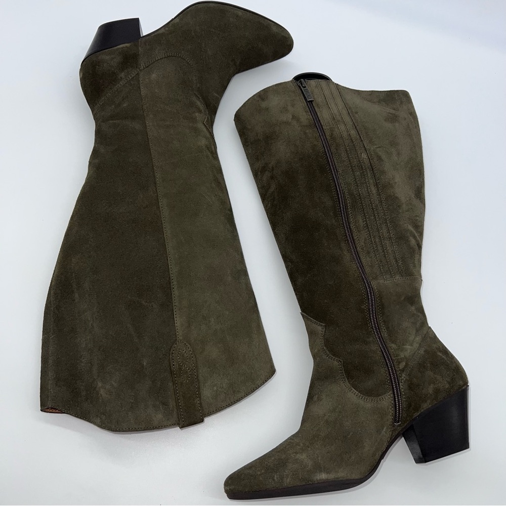 Urban Outfitters Duo Brand Olive Green Suede 2.5” Heeled Cowboy Boots Size 40EU - Picture 2 of 11